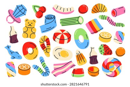 Colorful vector illustration of various sweet jelly candies, gummy bears, worms, and lollipops. Perfect for sweet shop, confectionery, dessert, Halloween, children's party design.