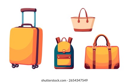 A colorful vector illustration of various travel bags including a suitcase, backpack, tote bag, and duffel bag. Perfect for travel-themed projects, vacation promotions, or packing checklists. 