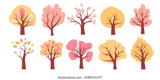 Colorful vector illustration of various trees showcasing seasonal changes in foliage throughout the year