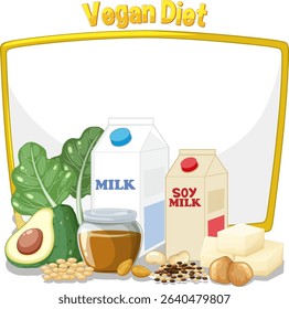 Colorful vector illustration of vegan food items including milk, soy milk, avocado, and nuts with a blank space for text