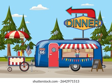 Ilustração vetorial colorida de um trailer de jantar vintage com sinalização vibrante, situado contra um pano de fundo de pinheiros e céu claro