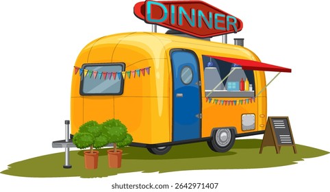 Colorful vector illustration of a vintage food truck with a neon sign. Bright colors and playful design elements create a lively atmosphere