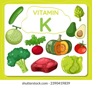 Colorful vector illustration of vitamin K surrounded by fruits and vegetables