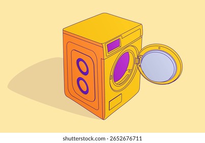 Colorful vector illustration of washing machine with open door. Vibrant vector drawing of a washing machine. Designed in bold orange, yellow and purple colors on a soft beige background.