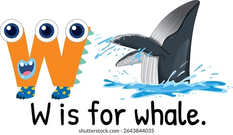 Colorful vector illustration of a whimsical letter W and a joyful whale. Ideal for educational materials and children's content