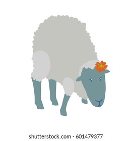 Colorful vector illustration of white sheep with curly fur, dark skin stooping, wearing orange flower in hair , isolated on white background