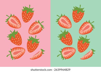 Colorful Vector Illustration of Whole and Half Strawberries – Fun Fruit Design