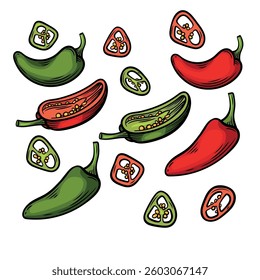 Colorful vector illustration of whole and sliced green and red jalapeño peppers, showing vibrant colors and seeds. Ideal for food packaging, restaurant menus, and spicy ingredient branding.