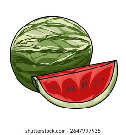 Uma ilustração vetorial colorida de uma melancia inteira e uma fatia suculenta. Ideal para temas de comida, projetos de verão, embalagens de frutas e conceitos de estilo de vida saudável.