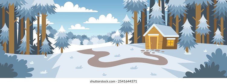 Ilustração vetorial colorida de uma floresta de inverno e uma cabana. Amplo fundo de desenho animado com uma casa de floresta sob os pinheiros.