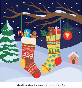 Colorful vector illustration with winter landscape and Christmas socks, gifts, decor.
