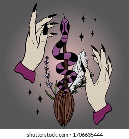 Colorful vector illustration with a witch's broom and a snake between the witch's hands. Perfect for tattoos, textiles