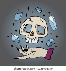 Colorful vector illustration of a witch's hand with a levitating skull and crystals. Perfect for tattoos, textiles, maps, mysteries