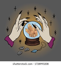 Colorful vector illustration of a witch's hand with a magic divination ball with a crystal inside, runes and an amulet next to it. Perfect for tattoos, textiles, maps, mysteries