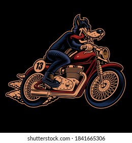 A colorful vector illustration of a wolf biker on a motorcycle, this design can be used as a shirt print as well as for many other uses.