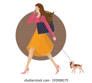 The colorful vector illustration of woman carrying a shopping bag, talking on a phone and walking with a dog. Spring and summer sales. For web and mobile design. 