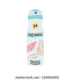 A colorful vector illustration of woman deodorant in shades of blue with floral print