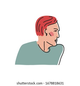 Colorful vector illustration of woman with red hair. Minimalist portrait in profile.