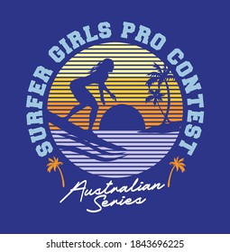 Colorful vector illustration of woman surfer with palm trees and striped background.