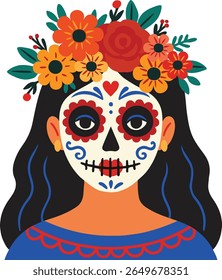 Colorful vector illustration of a woman with traditional sugar skull makeup, celebrating Dia de los Muertos. Adorned with vibrant floral crown and detailed face paint