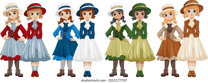 A colorful vector illustration of a woman in a vintage Victorian dress