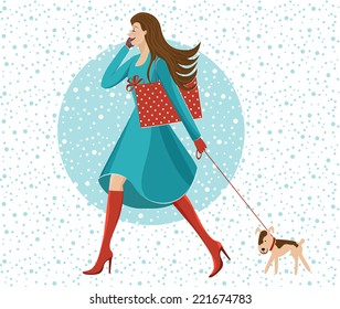 The colorful vector illustration of woman walking with a shopping bag and a small dog. Winter and Christmas sales background for your design.
