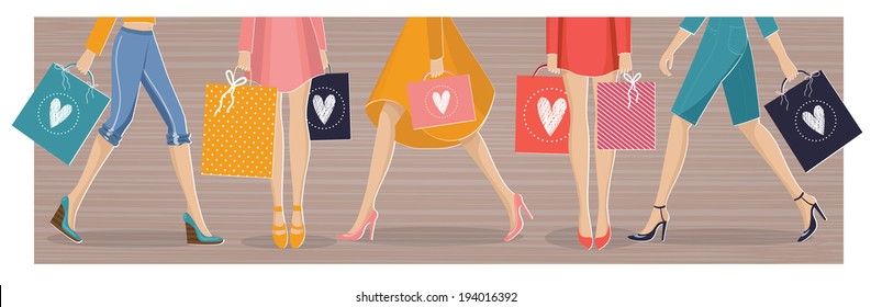 The colorful vector illustration of women with shopping bags for your design. Spring and summer sales of shoes, dresses,skirts,  jeans and shorts.