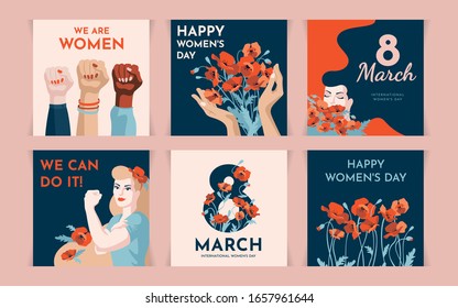 Colorida ilustración vectorial del Día de la Mujer, 8 de marzo, con fuertes manos femeninas y flores. Símbolo estadounidense de poder femenino, protesta por el feminismo, derechos de la mujer. Para postales, carteles y cartas