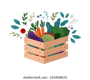 Colorful vector illustration - Wooden box with raw vegetables and fruits. Tomatoes, aubergines, beetroot and greens. Vegan lifestyle. Perfect for supermarkets, local shops, delivery, market