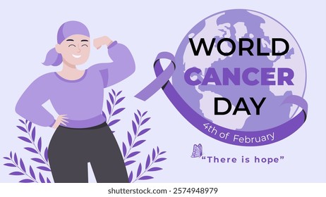 A colorful vector illustration for World Cancer Day on February 4th, showcasing a confident woman next to a globe and a purple ribbon, with the message 'There is Hope'.