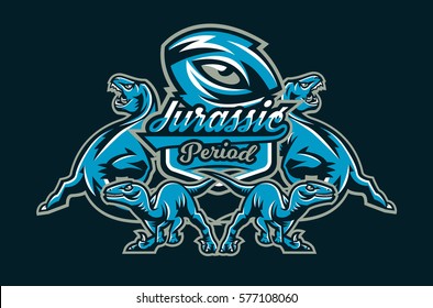 Colorful vector illustration of the world of the dinosaurs of the Jurassic period of the Mesozoic era is isolated on a background of the shield. Eye dinosaur, Velociraptor, Tyrannosaurus