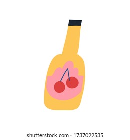 Colorful vector illustration of yellow bottle with pink label and cherries on it. Decorative element. For cards, posters, stationery. Cute image.