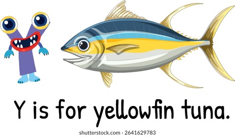 Colorful vector illustration of a yellowfin tuna with a playful character. Bold colors and clear lines enhance educational appeal