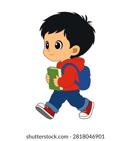 A colorful vector illustration of a young boy walking with a book and backpack, representing education and childhood.