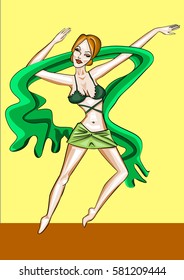 Colorful vector illustration of young dancing woman with red hair