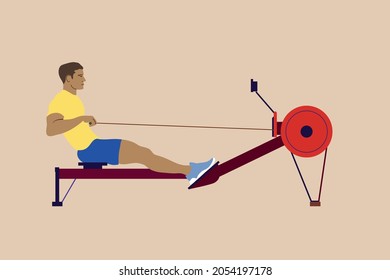 Colorful vector illustration with a young fit guy exercising with a rowing machine to improve his fitness level