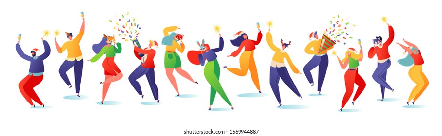 Colorful vector illustration with young happy dancing people. People celebrate New Year or Christmas with champagne, sparklers and petards, they festively dressed, Santa Claus hats and carnival masks.