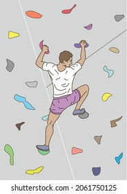 Colorful vector illustration of a young man climbing up a wall freehand