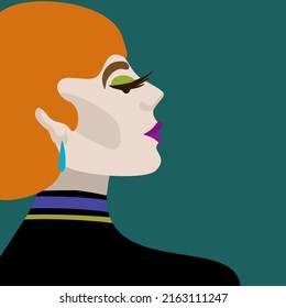 Colorful vector illustration of young redhead woman on bright aquamarine background.