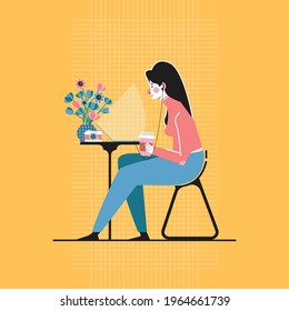 Colorful vector illustration of a young woman who works at home. Trend colors, flat style.