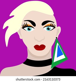 Colorful vector illustration of young woman with blond short hair, long triangle earring and black dress on bright pink background.