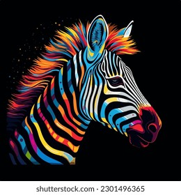 Colorful vector illustration with zebra isolated on black background. Color Poster