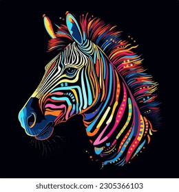 Colorful vector illustration with zebra isolated on black background. Color Poster