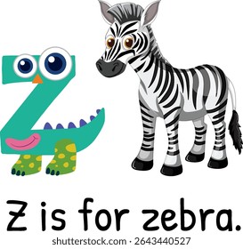 Colorful vector illustration of a zebra with a playful letter Z. Perfect for educational materials and children's decor