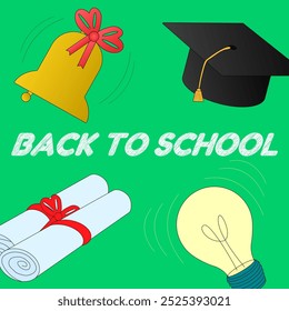 Colorful vector illustrations of back-to-school symbols, including a graduation cap, diploma, bell, and lightbulb. Perfect for education themes.