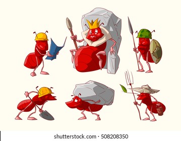 Colorful vector illustrations of cartoon ants, anthill colony queen, soldiers workers and farmers