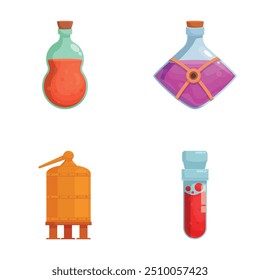 Colorful vector illustrations of cartoonstyle laboratory equipment, including flasks, a test tube, and a water bath