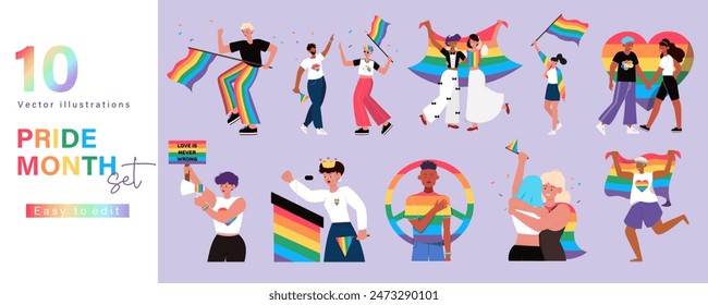 Colorful vector illustrations celebrating Pride Month with diverse characters, rainbow flags, and inclusive messages. Ideal for promoting LGBTQ+ awareness and support.