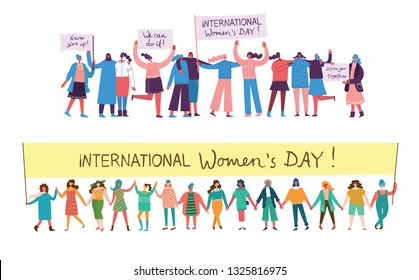 Coloridas ilustraciones vectoriales concepto de Feliz Día Internacional de la Mujer . Felices amigas, unión de feministas, hermandad sosteniendo el cartel en diseño plano 