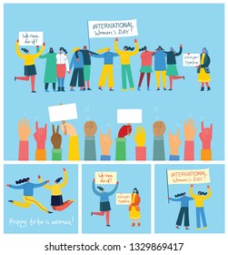 Colorful vector illustrations concept of Happy Woman's internarional day . Happy female friends, union of feminists, sisterhood holding the placard in flat design 